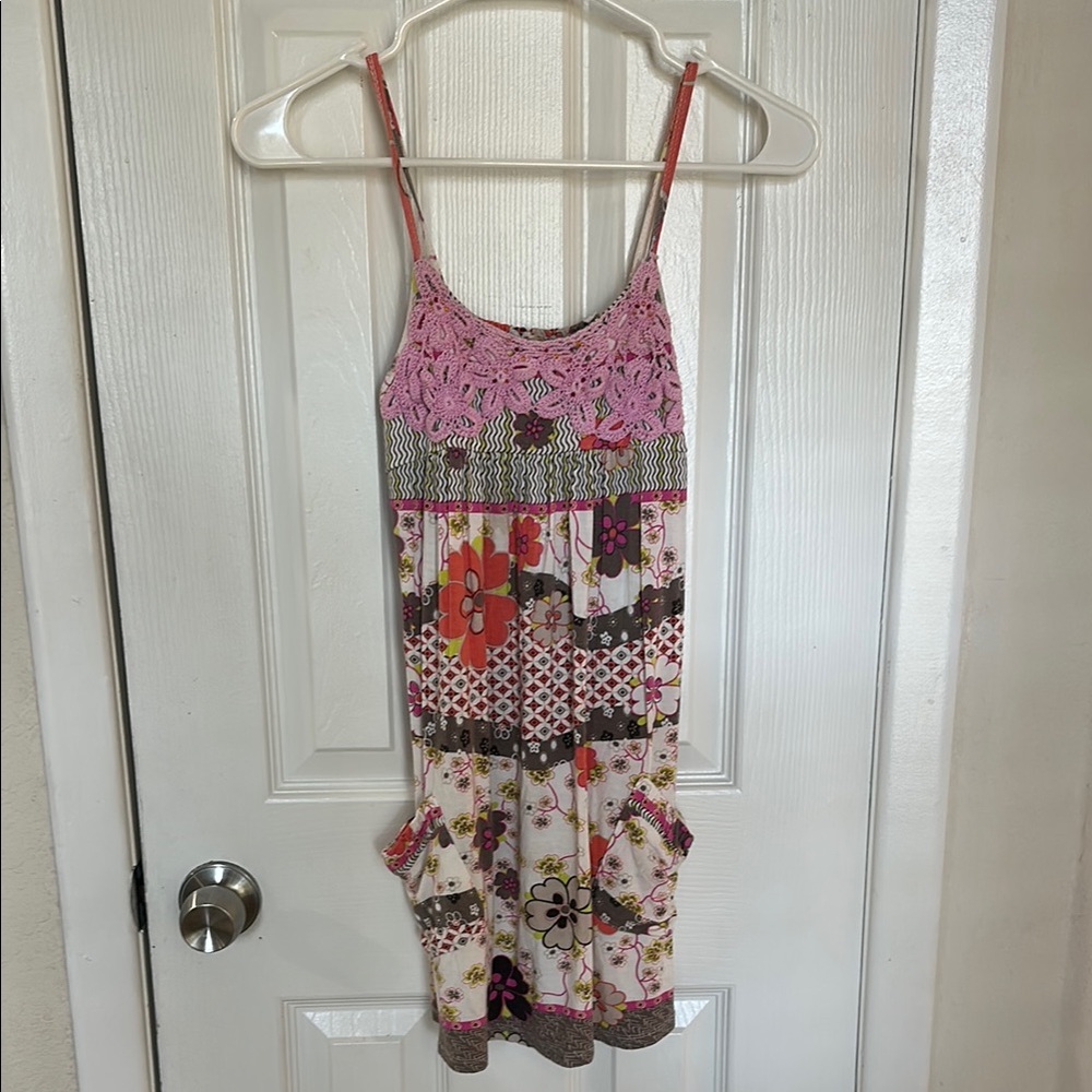 Hannah Banana Floral Patchwork Dress with Pink Crochet Lace - NWT